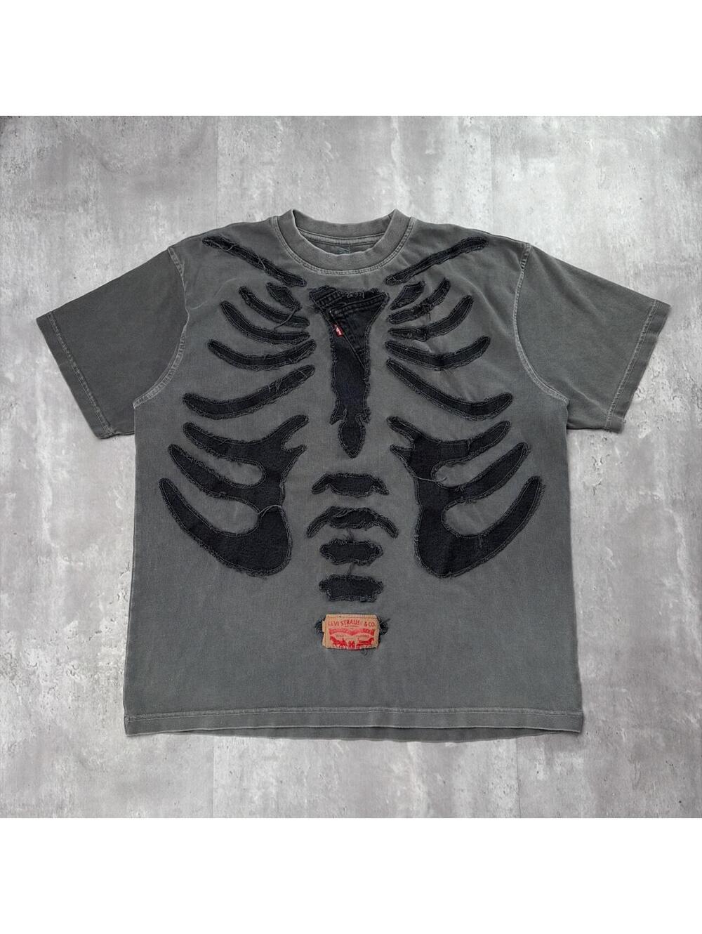 Y2K Grey Custom Upcycled Levi’s Skeleton Rib Cage Denim Patchwork T Shirt